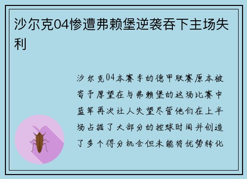 沙尔克04惨遭弗赖堡逆袭吞下主场失利